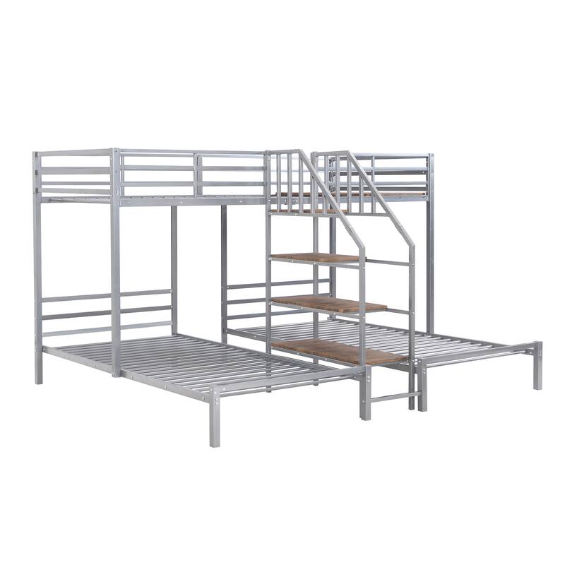 Triple Bunk Bed for Kids, Metal Twin Over Twin & Twin Bunk Bed with Staircase and Storage Shelves, Space-Saving Design