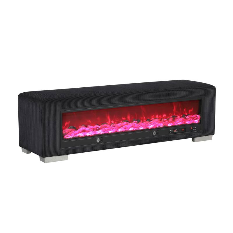 Furniture of America Goffney Chenille Bench with Fireplace Simulator and Bluetooth Audio