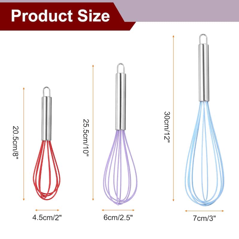 3Pcs Silicone Whisk 8" 10" 12" Kitchen Whisk Wire Whisks Beater - Blue/Purple/Red