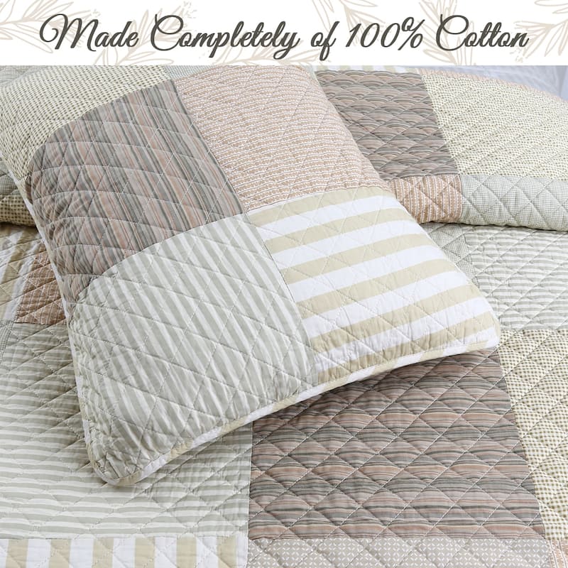 Cozy Line Stripe Checker Patchwork Cotton Reversible 3 Piece Quilt Bedding Set