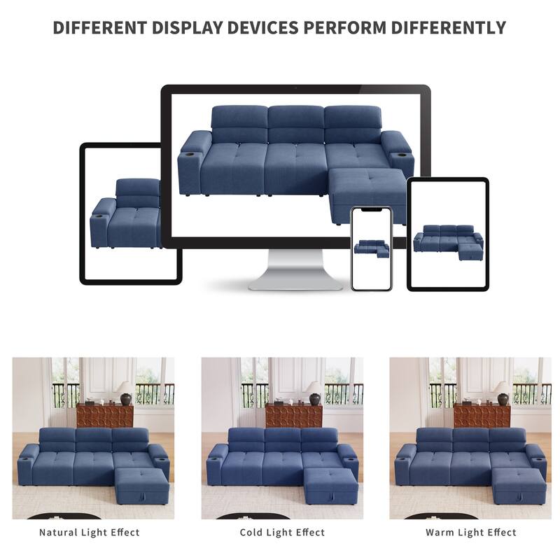 Down Filling Modular Deep Seat Couch L-shaped Sectional Sofa with Adjustable Backrest, Cup Holders, Storage Armrests and Ottoman