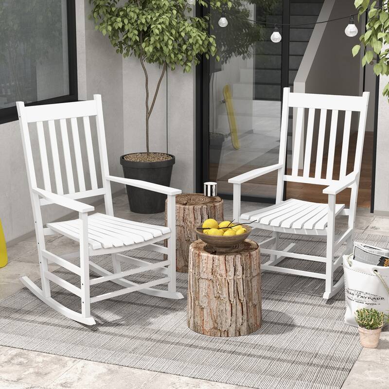 Outsunny 2 PCs Wooden Rocking Chair Set, Outdoor Rocker Chairs with Curved Armrests, High Back - White