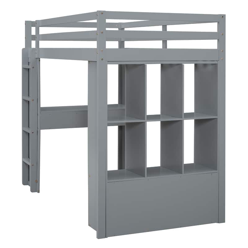 Loft Bed with Large Shelves, Writing Desk and LED Light