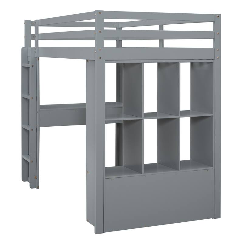 Twin Loft Bed with Shelves, Desk, and LED Light in Gray