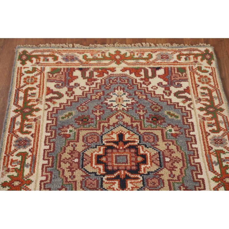 Gray Geometric Heriz Serapi Oriental Runner Rug Wool Carpet - 2'7" x 8'1"