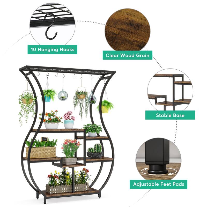 6 Tier Metal Plant Stand, 71 Inch Tall Plant Shelf with 10 Hanging Hooks - 47.2” W*11.8” D*70.9” H