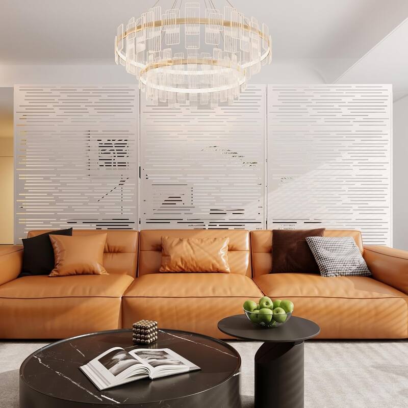 1PCS 72 in H x 46 in W Metal Privacy Screen Panel Freestanding Outdoor Divider with Stand Stripe02-Brown