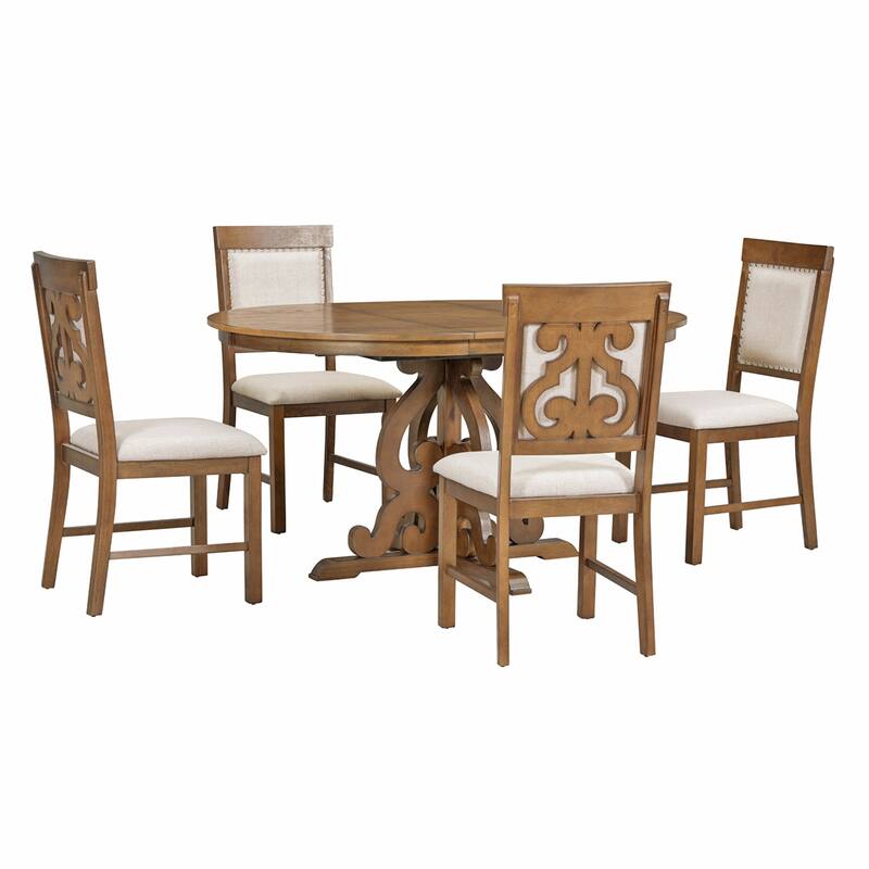 5-Piece Retro Dining Set, Extendable Table and 4 Upholstered Chairs