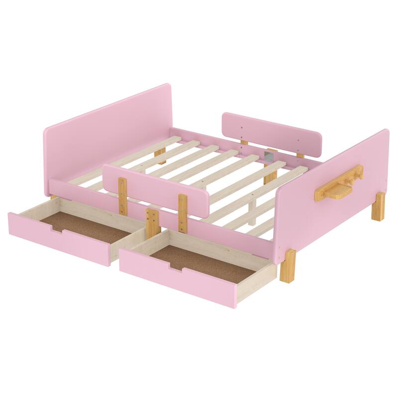 Full/Twin Platform Bed with Storage Drawers, Guardrail & Hooks