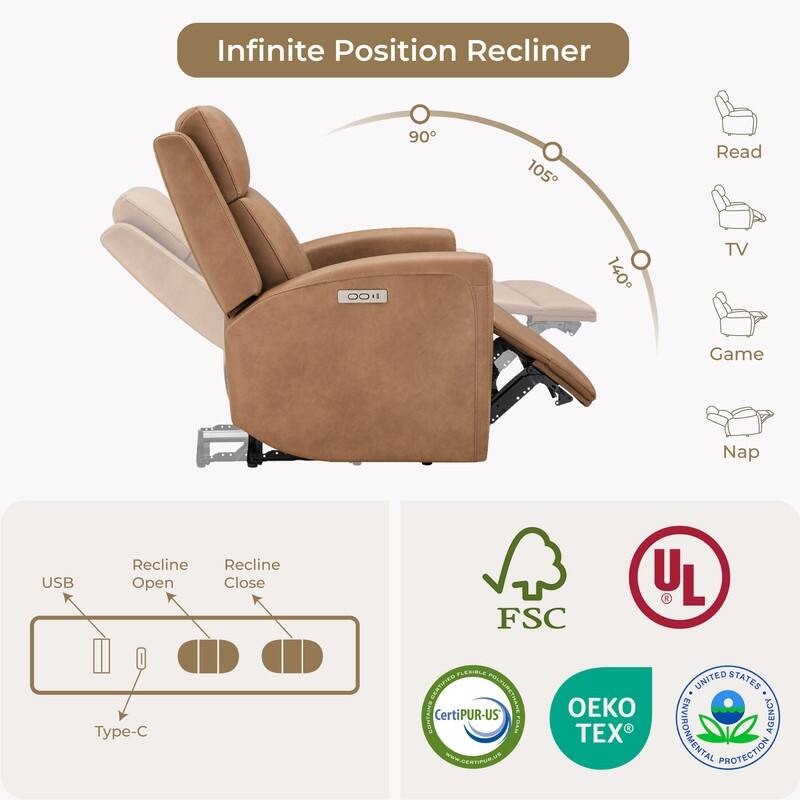 Spruce & Spring Power Recliner Chair Wall Hugger with USB & Type-C Charge