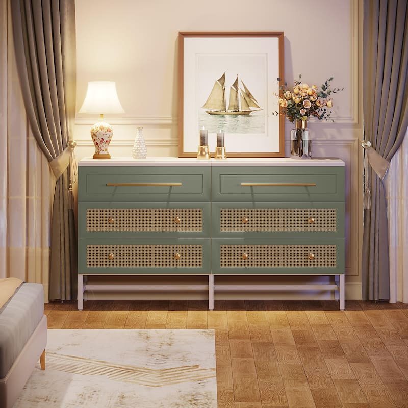 Modern Rattan Dresser 6 Drawer Dressers Chests of Drawers for Bedroom