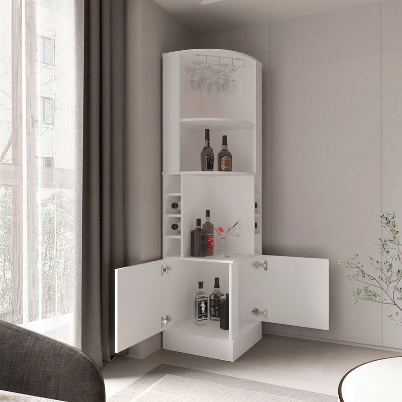 Corner Bar Cabinet with Glass Rack and Eight Built-In Wine Racks for Modern Entertaining Spaces