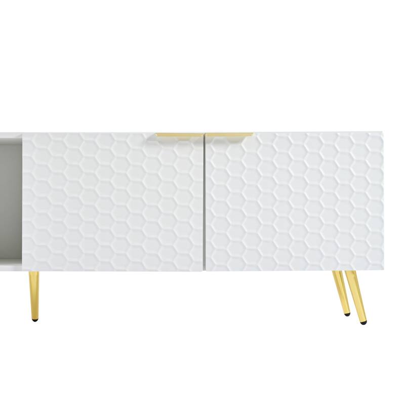 71" Minimalist TV Cabinet with Geometric Honeycomb Pattern - Gold Accents, Cable Management, Storage