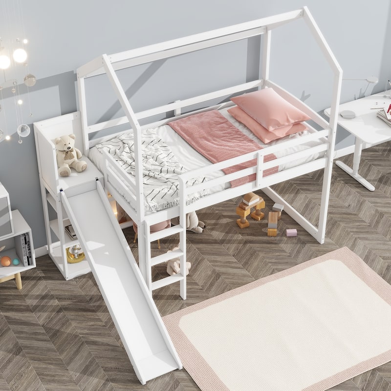 Twin Size Wood Loft Bed with Slide, Storage Shelves, and Light in White
