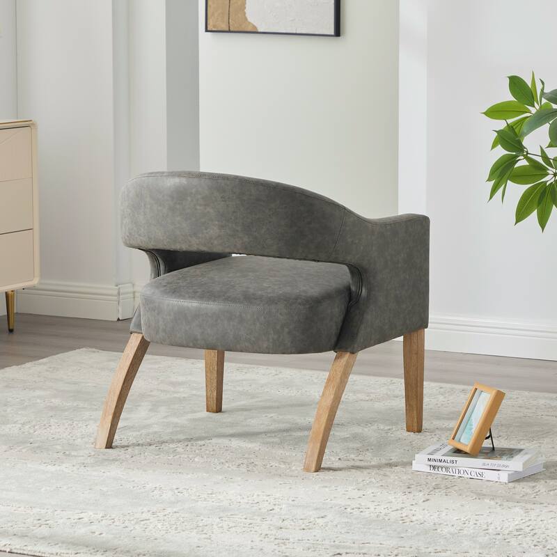 PU Leather Barrel Accent Chair, Ergonomic Lounge Reading Chair, Upholstered Armchair with Hollow Back & Solid Wood Legs