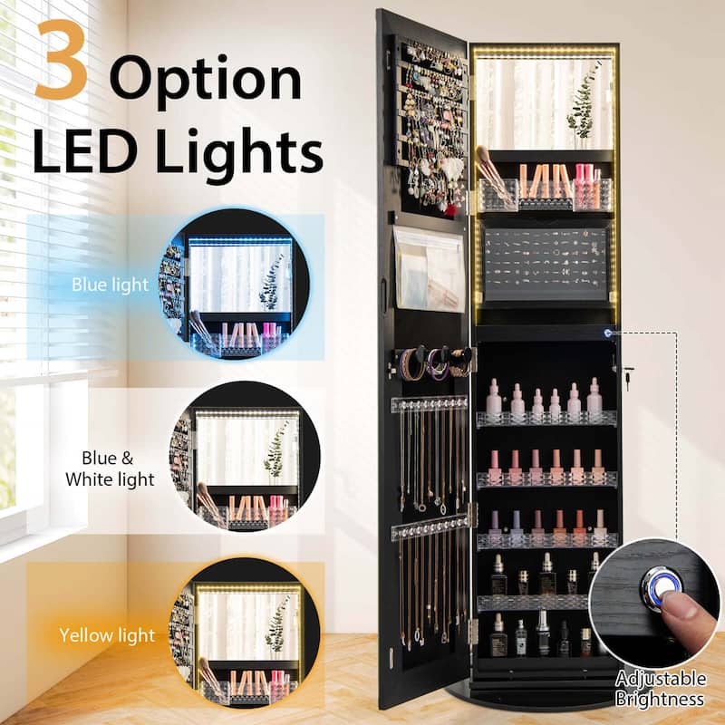 Costway 360° Swivel Jewelry Cabinet Organizer 3-Color LED Mirror with - See Details