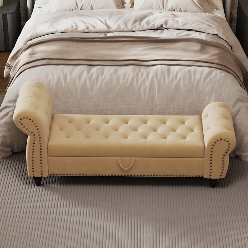 64.5" Bench for Bed Room Nails Tufted Chaise of Lounge with Storage Velvet Upholstery Khaki