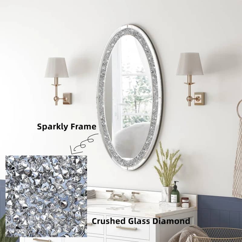 Oval Wall Mirror Crushed Diamond Inlay Sparkly Silver Mirror