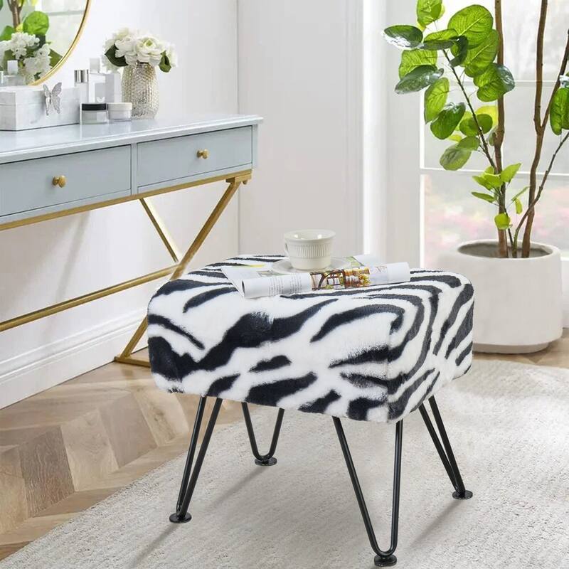 Home Soft Things Animal Pattern Ottoman Bench with Black Metal Legs - 19"x13"x17" - Black/White Zebra