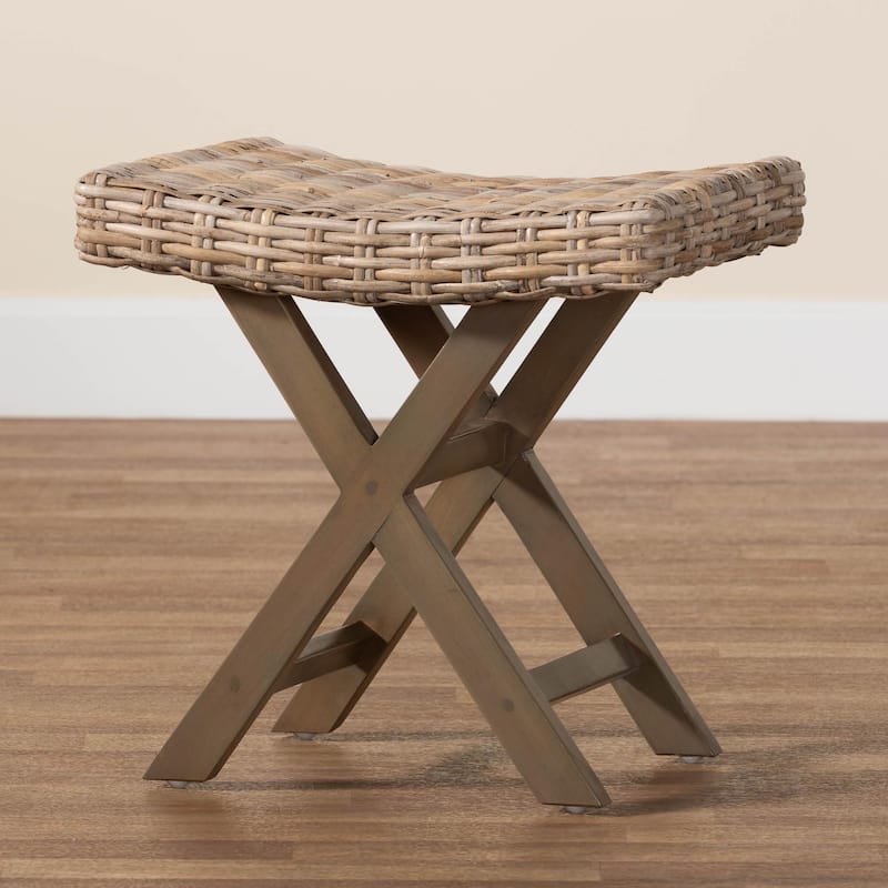 Hayate Bohemian Grey Kubu Rattan and Mahogany Wood Ottoman Footstool