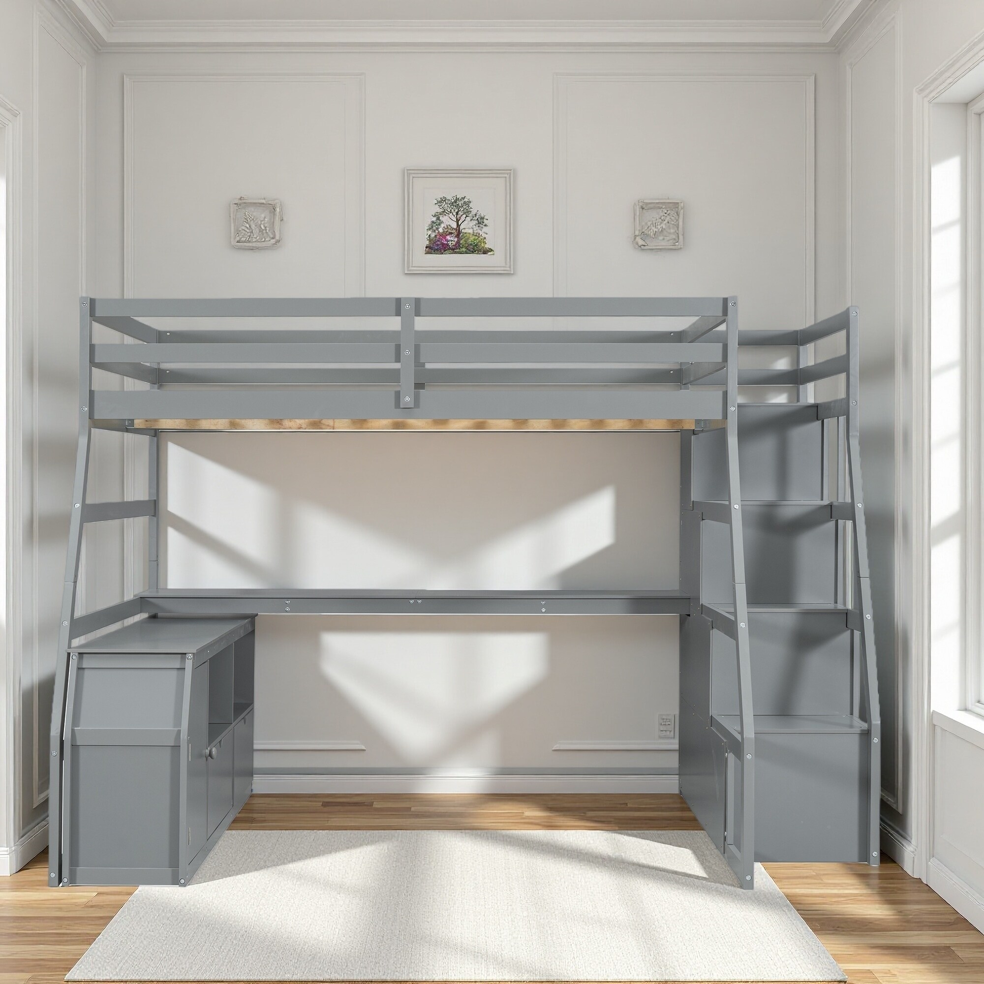 Full Size Solid Pine Wood Loft Bed with Desk, 7 Drawers & 2 Shelves, Playhouse Fence Design, Space-Saving Wooden Loft Bed Frame