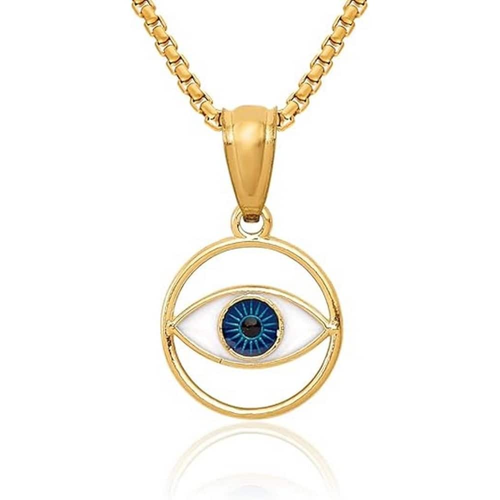 Curata 14k Yellow Gold 18" 21x15mm Small Blue Enamel Evil Eye in a Circle Protection Necklace