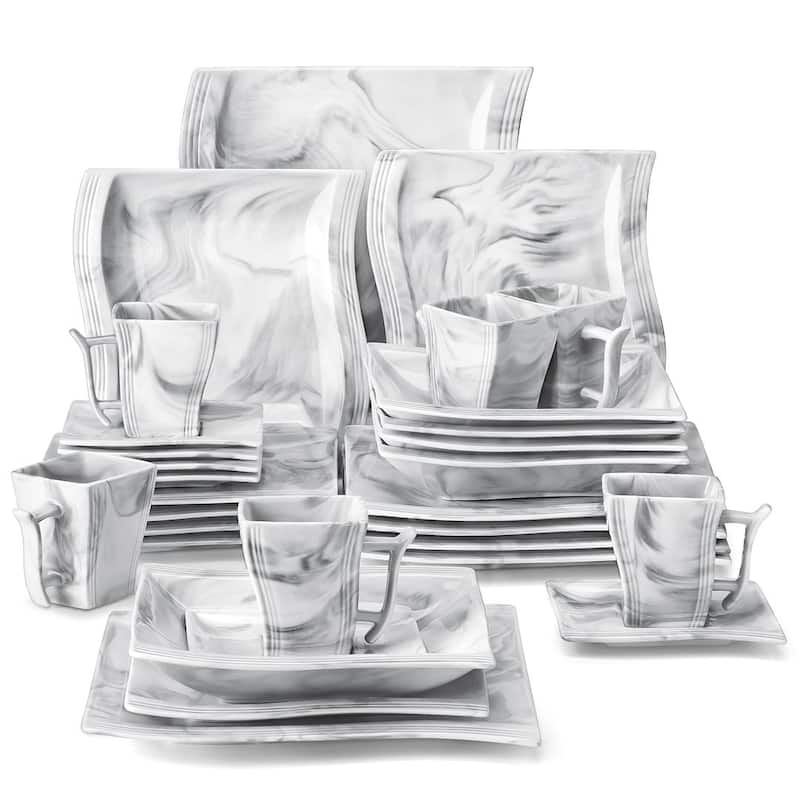 MALACASA Flora Wavy Modern Porcelain Dinnerware Set (Service for 6) - Grey - 30 Piece