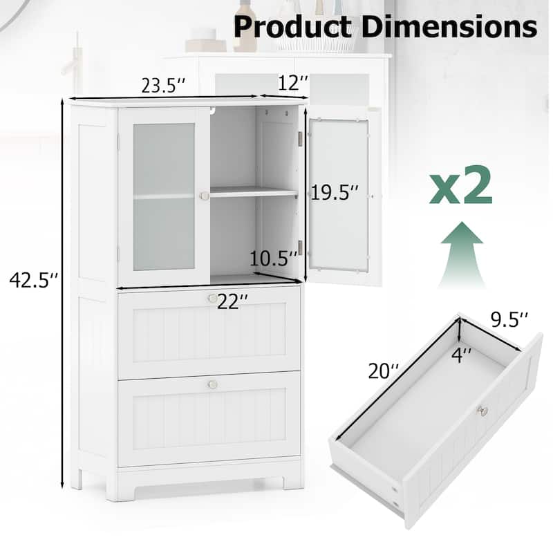 White Freestanding Floor Storage Cabinet with Glass Doors and 2 Drawers and Adjustable Shelf for Bathroom - 23.5" x 12" x 42.5"