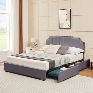 VECELO Upholstered Storage Bed Frame with Headboard & 4 Storage Drawers ...