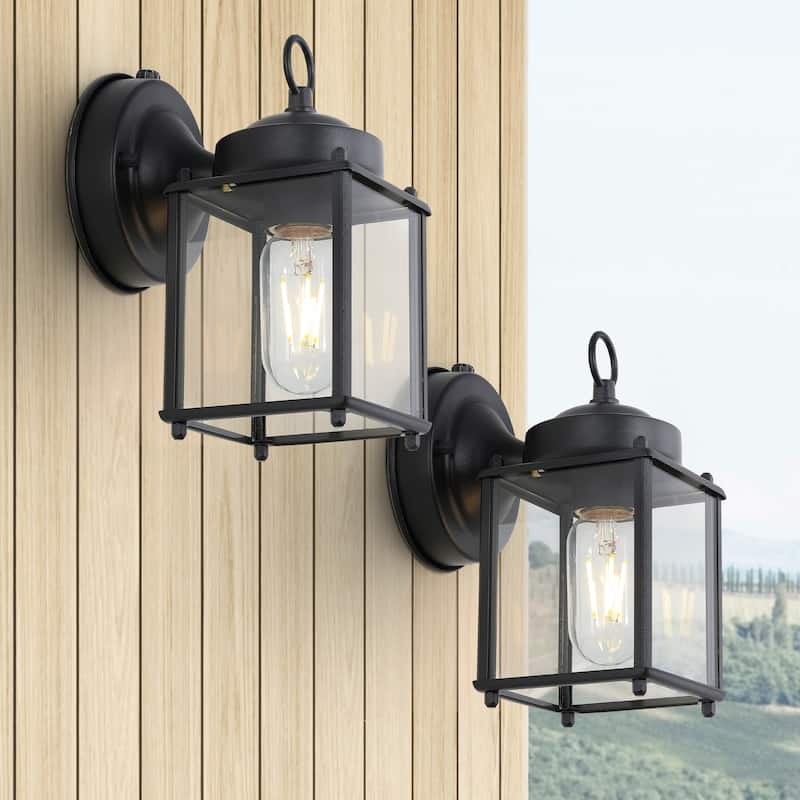Barrie 4.25" 1-Light Farmhouse Industrial Iron/Glass Outdoor LED Sconce, Black/Clear (Set of 2) by JONATHAN Y - Black/Clear