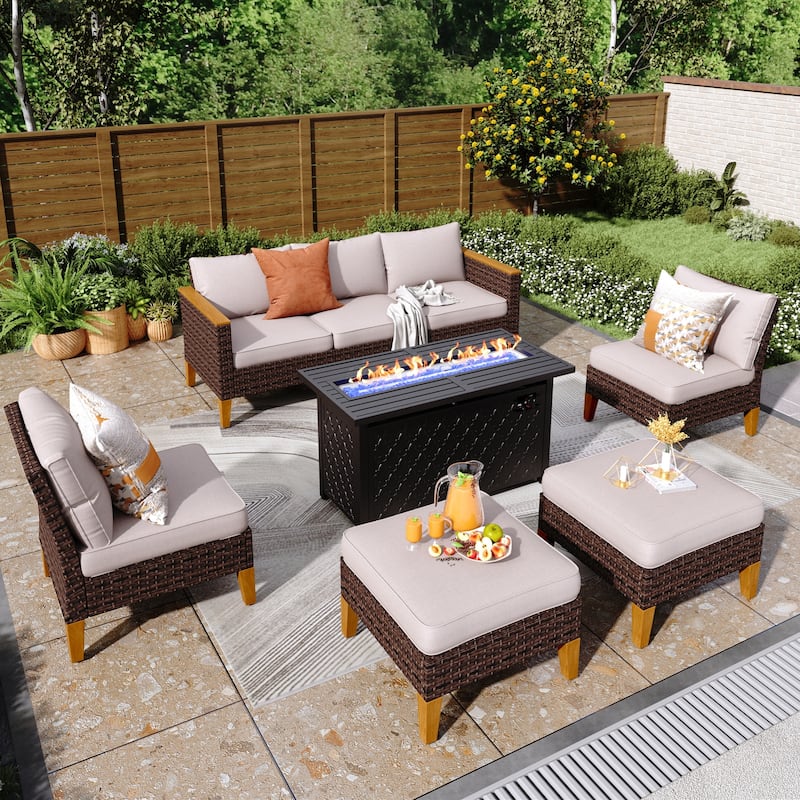 8-Piece Patio Outdoor Wicker Sectional Sofa Set, Large Seating Furniture Conversation Sets with Fire Pit Table - 7-Seat - Type B