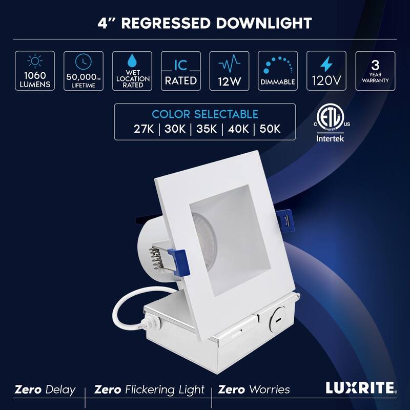 Luxrite 4 in. Square LED Recessed Ceiling Light J-Box 12W 5CCT 1060 Lumens Wet Rated IC Rated 4 Pack