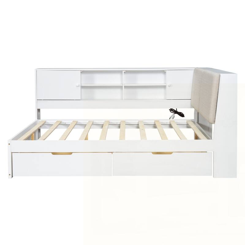 L-shaped Daybed Corner Bed with Storage Bookcase and USB Charging Ports