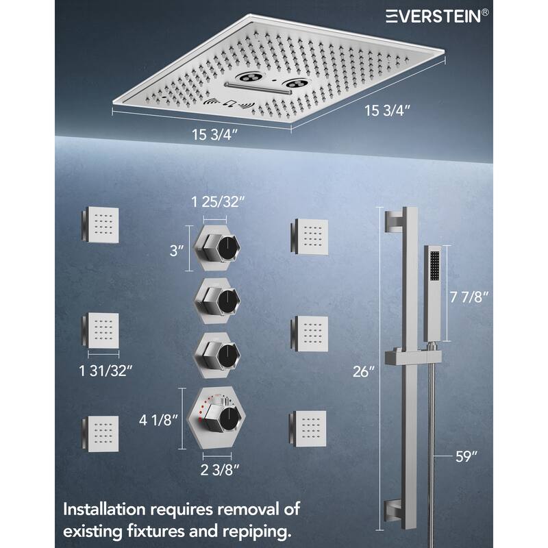 Shower Faucet System 16" Ceiling Mount Shower Head 3 Spray Modes Body Jets Handheld Spray with Slide Bar LED Music