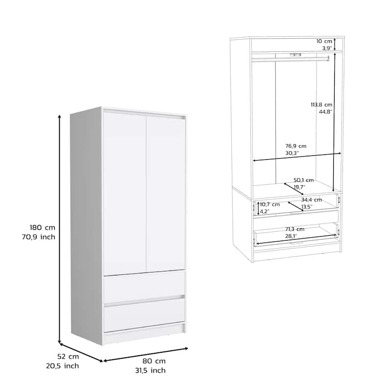 20.47" Modern Double-door Armoire with Two Drawers and Hanging Rod for Bedroom
