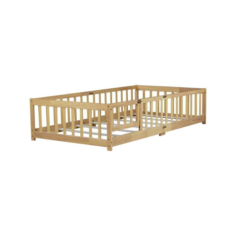 Twin Size Floor Bed with Safety Fence, Natural Rubber Wood, Easy Assembly, Compact Design