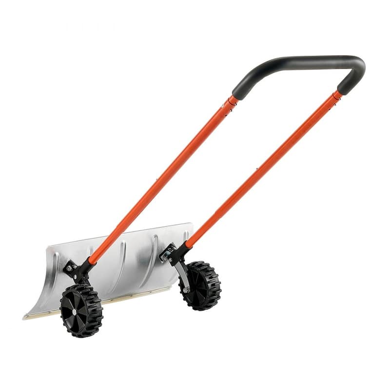 24 Inch Push Snow Shovel with Wide Blade Sturdy Frame and Anti-Slip Wheels for Driveway Yard or Sidewalk