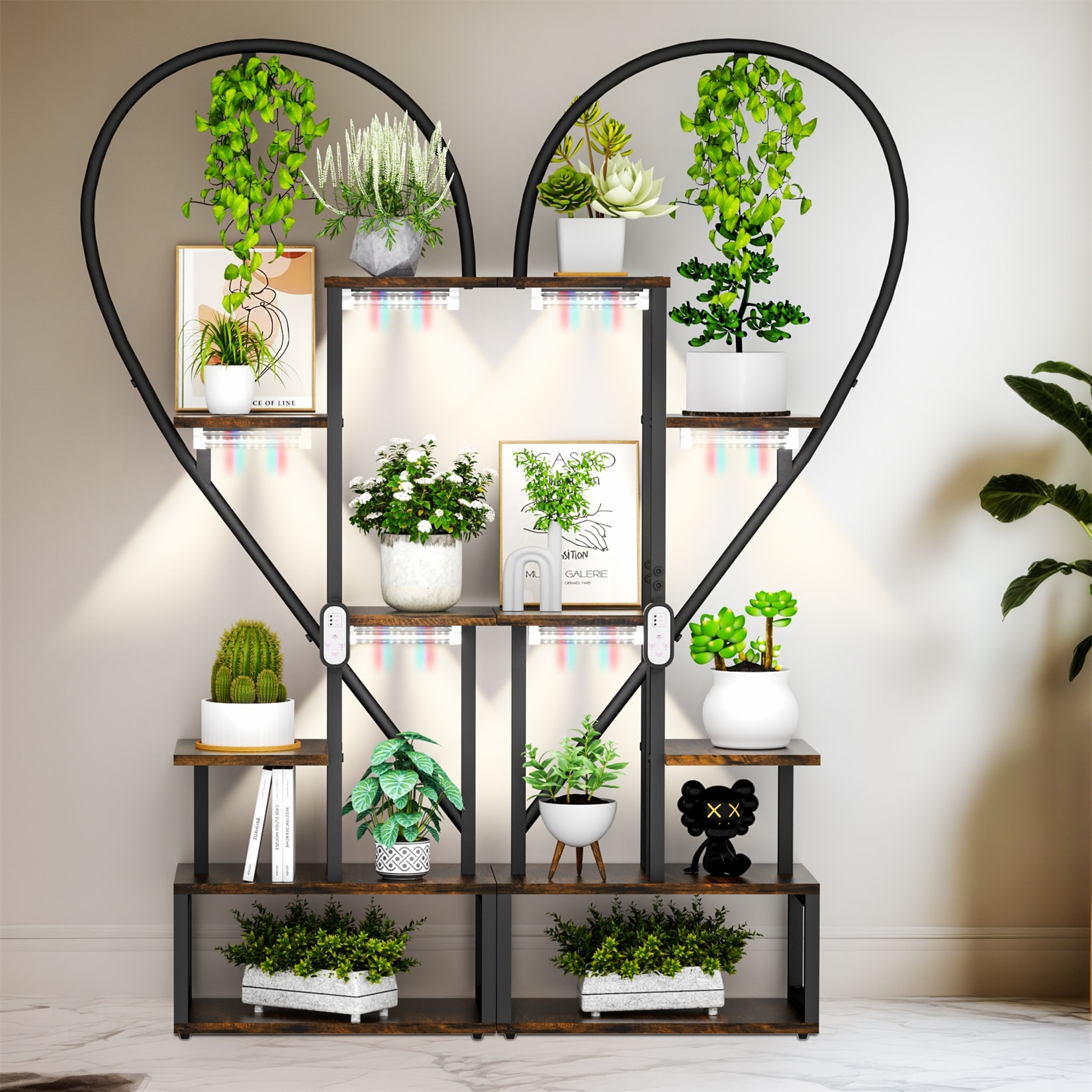 Tree Shaped Plant Stand Vintage Plant Flower Holder with LED Plant Grow Light Multiple Shelves