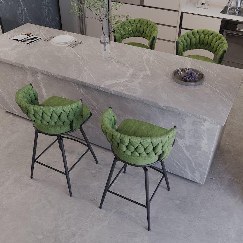 Set of 4 Green 26" Swivel Bar Stools, Suede Woven Upholstery with Back, Footrest & Black Legs