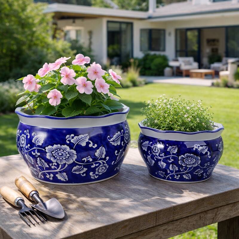 Traditional Ceramic Chinoiserie Planters - Set of 2 - Blue - 12.0"