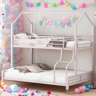 Contemporary Design Twin over Full Metal House Bunk Bed, Safety and Convenience, Stability and Durability, Space-saving, Pink