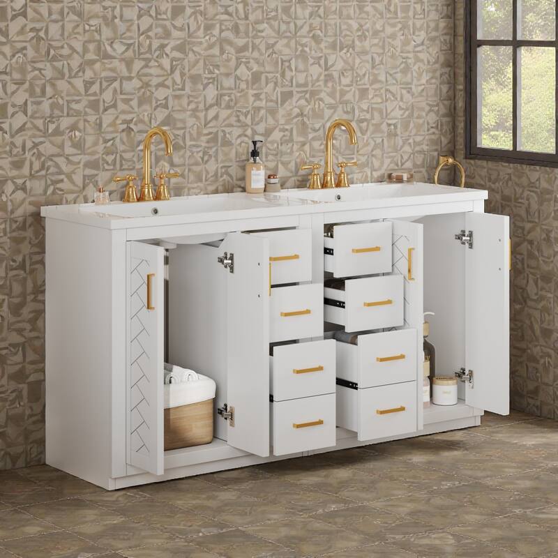 60 Inch Bathroom Vanity Set with Ceramic Sink, Solid Wood Frame Freestanding Cabinet with Soft Close Doors and Drawers