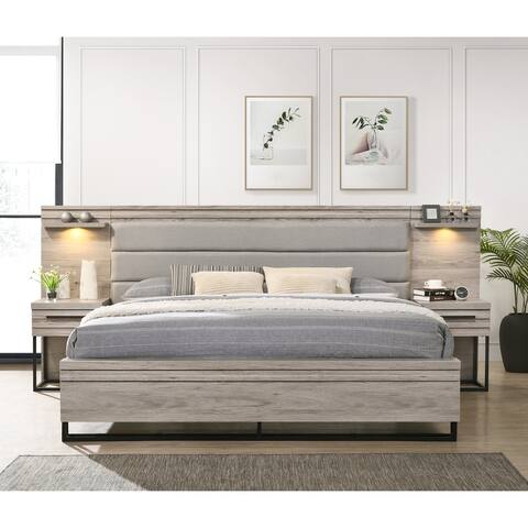 Roundhill Furniture Alvear Upholstered Wood Wallbed Bed with White LED Lights, 2 Nightstands, Weathered Gray