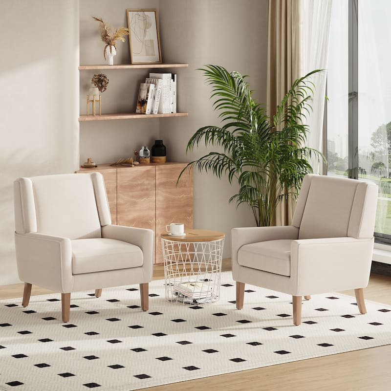 Mid-Century Linen Wing Chair - Tailored Channel Tufting & Walnut Tapered Legs, Compact Accent for Reading Nooks