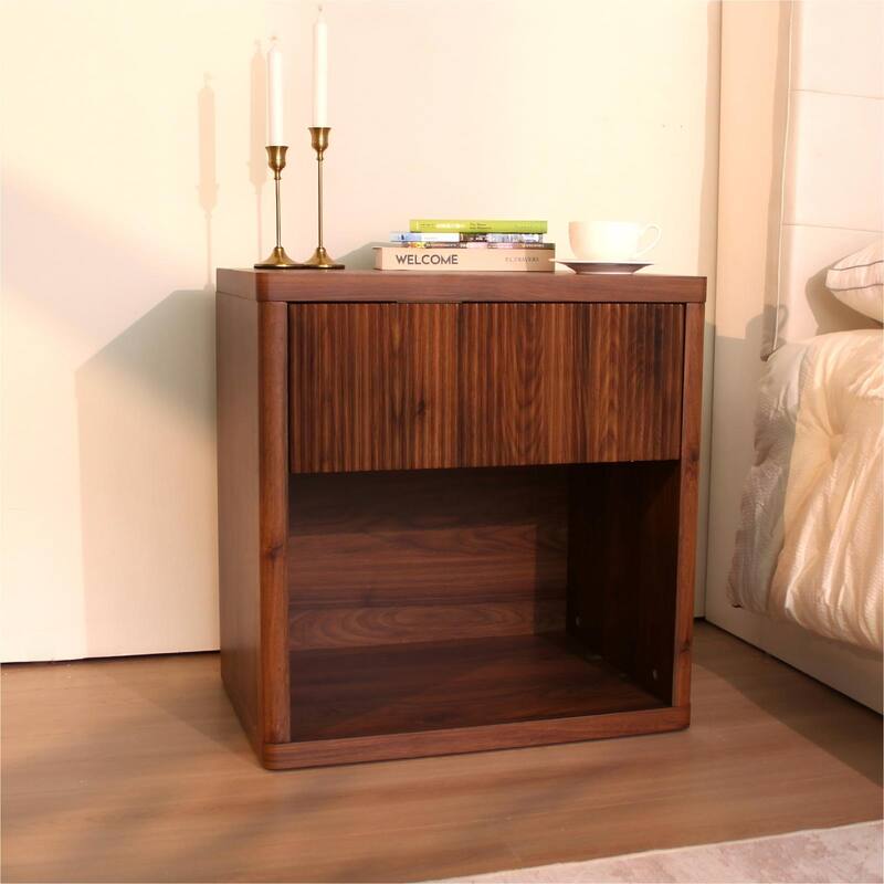 Fluted Bed Side Table End Table Nightstand with Drawer, Corner Table Walnut Lamp Table with Open Shelf