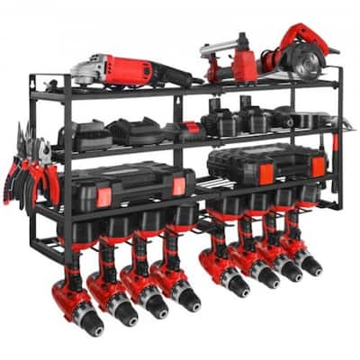 4-Tier Wall-Mounted Tool Organizer Rack with 8 Slots and Hooks for Garage Workshop Storage - 36.56 x 7.87 x 16.54 in