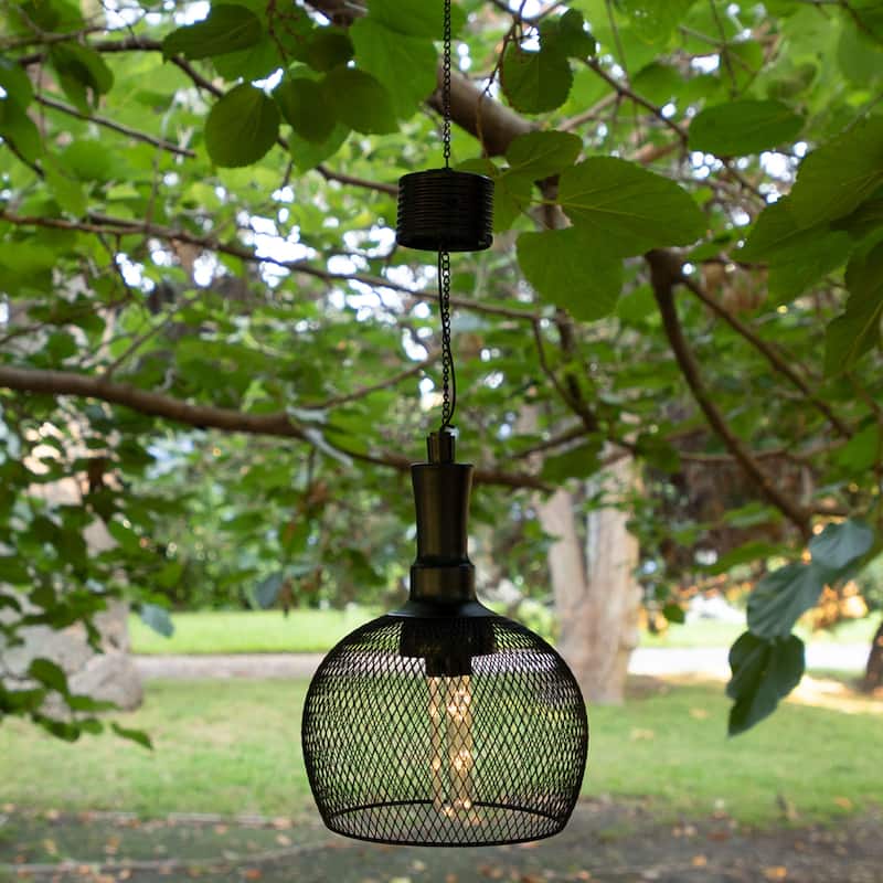 Alpine Corporation 10" Tall Hanging Solar Powered Outdoor Mesh Lantern with LED Lights, Black