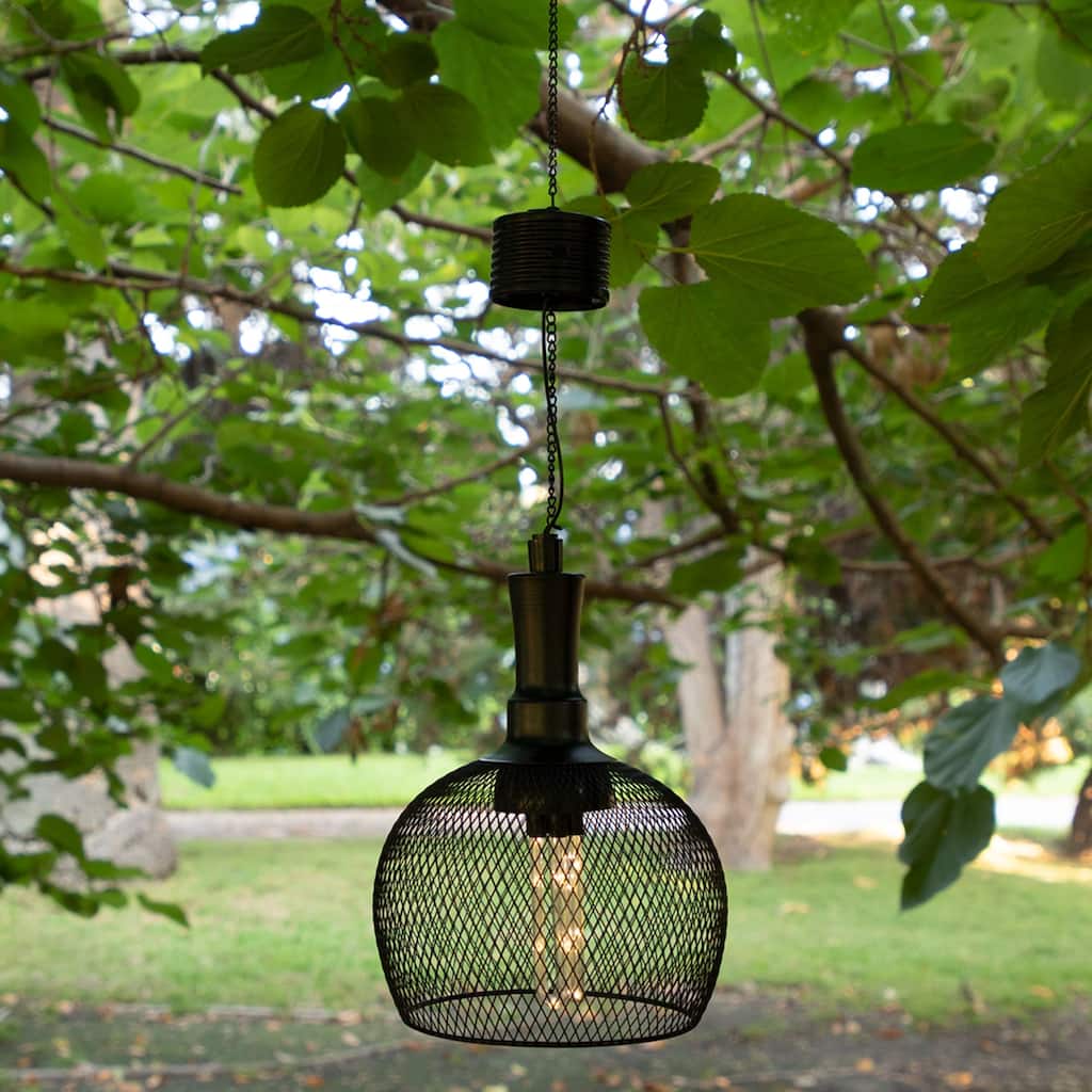 Alpine Corporation 10" Tall Hanging Solar Powered Outdoor Mesh Lantern with LED Lights, Black