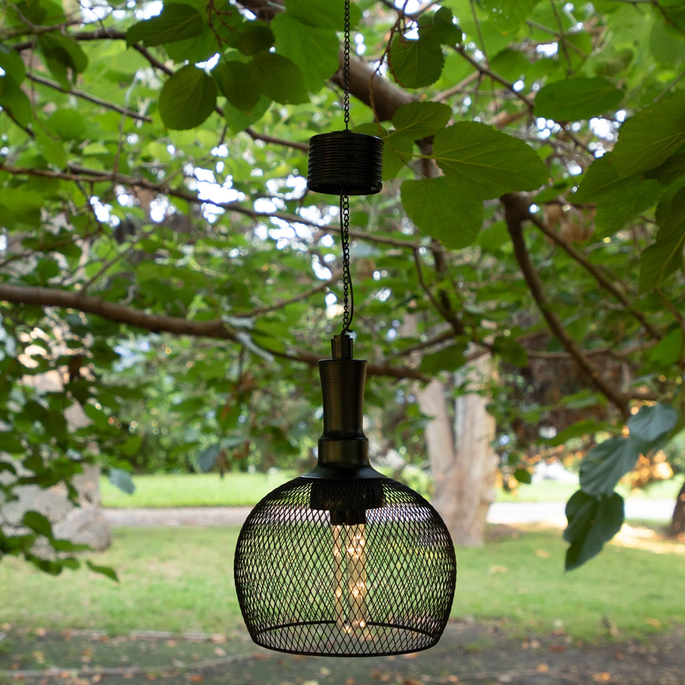 Alpine Corporation 10" Tall Hanging Solar Powered Outdoor Mesh Lantern with LED Lights, Black