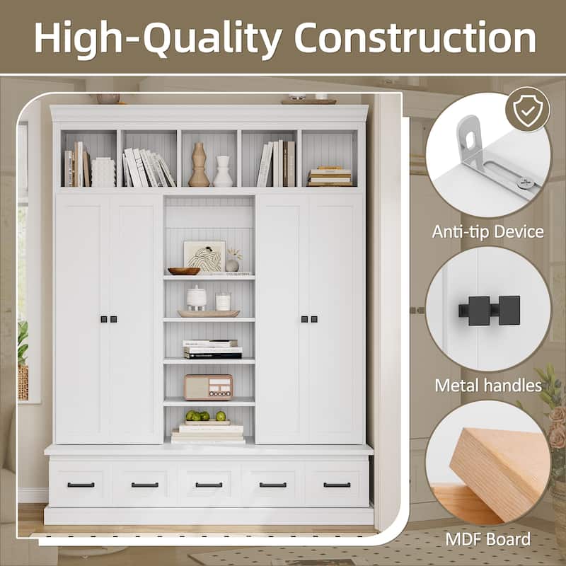 Large Wood Hall Tree with Bench, Modern 4 Door Entrance Storage Cabinet w/ 5 Drawers, Adjustable Shelves for Living Room